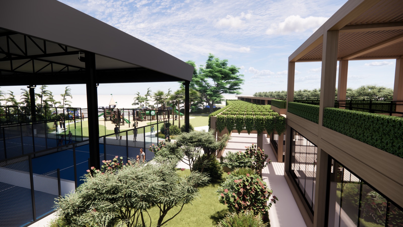 Estuari Sports Centre: clubhouse with green-walled second floor adjacent to the covered courts