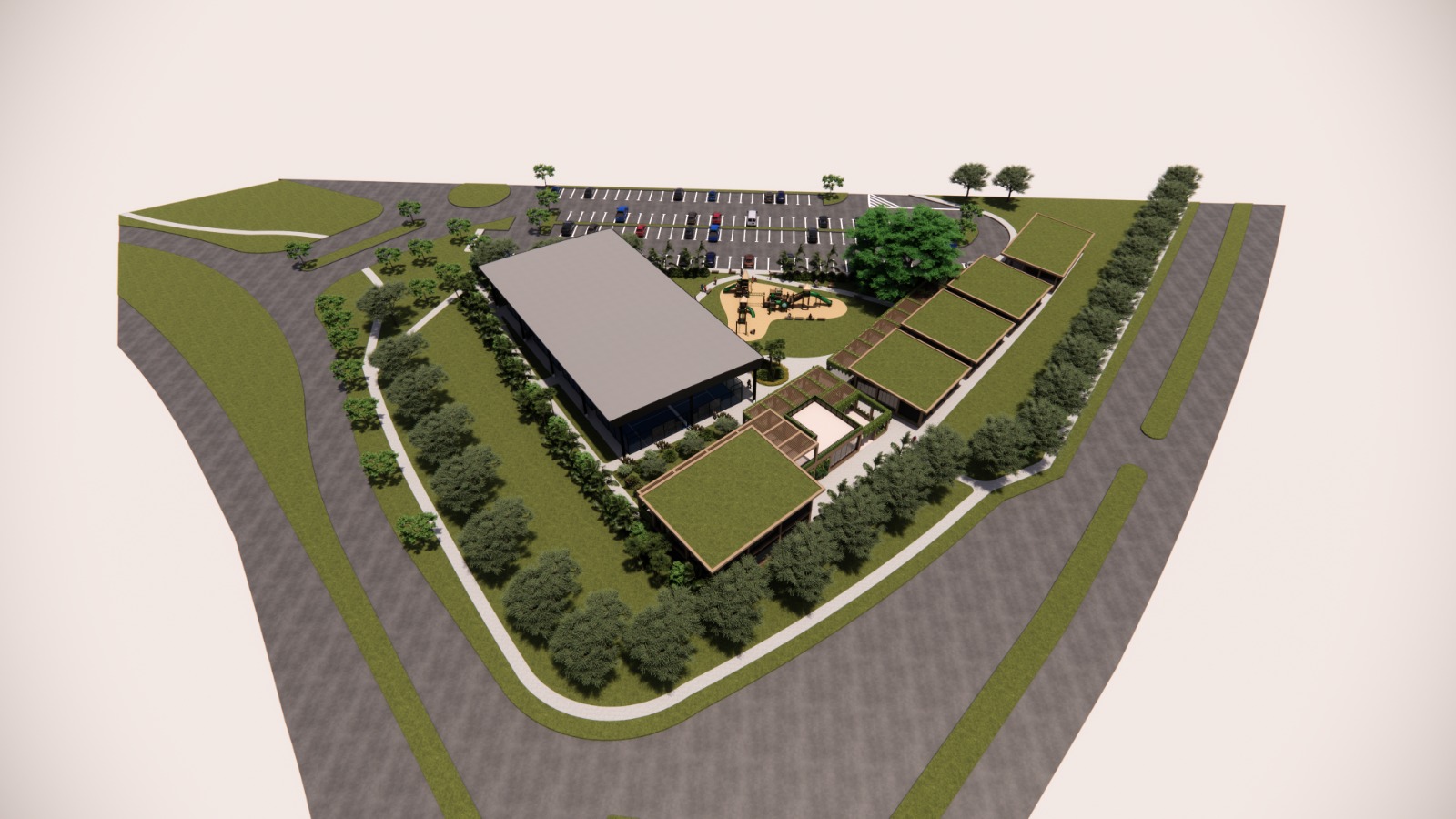 Estuari Sports Centre: aerial of the existing main hall with proposed community expansion buildings, courts and parking