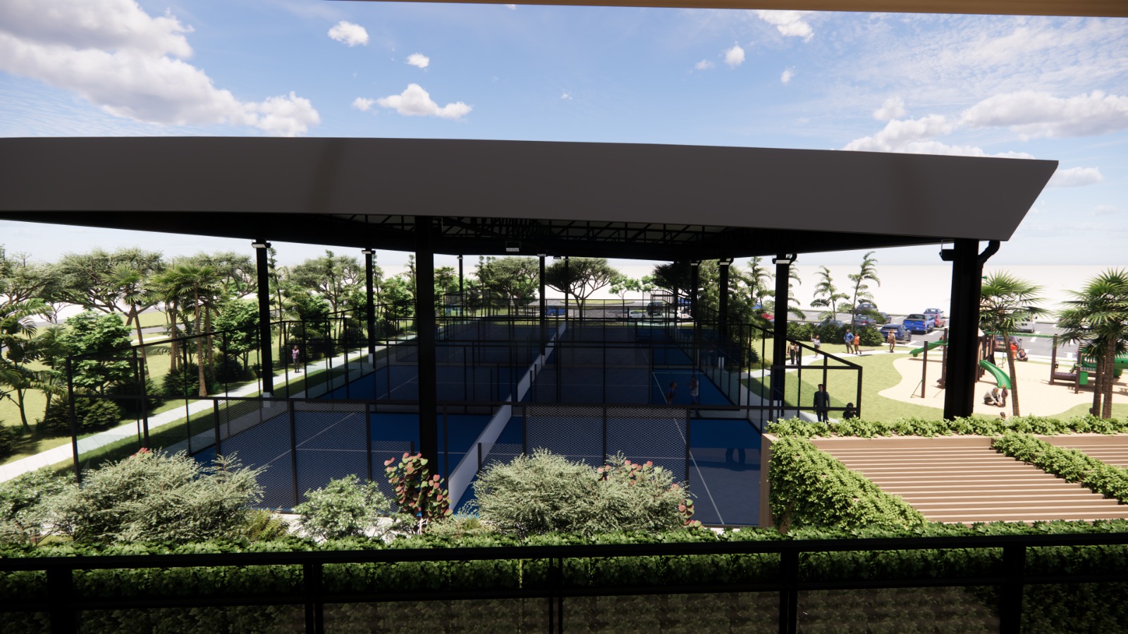 Estuari Sports Centre: four covered padel courts under metal roof with playground beyond