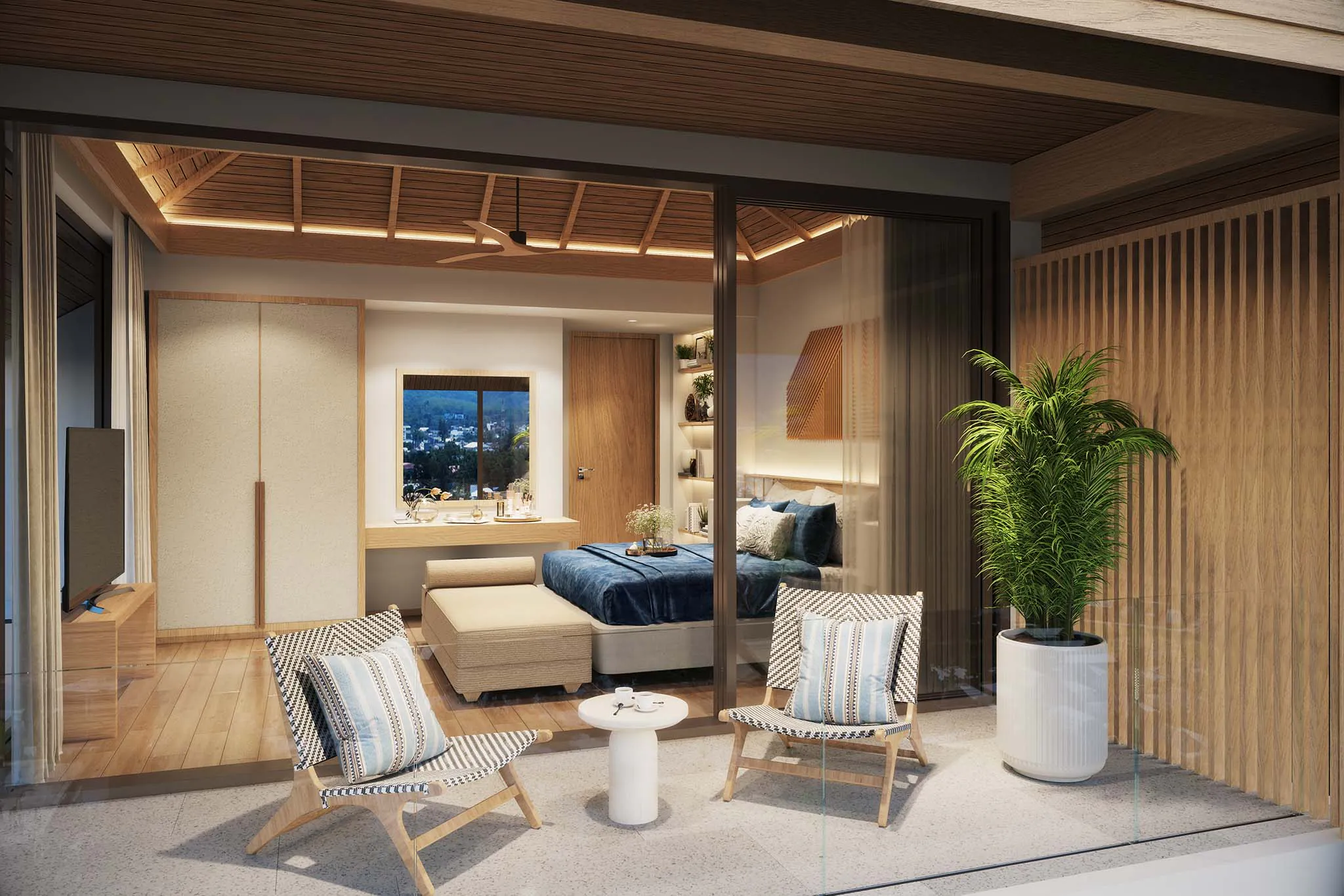 Hillside villa interior: master bedroom render