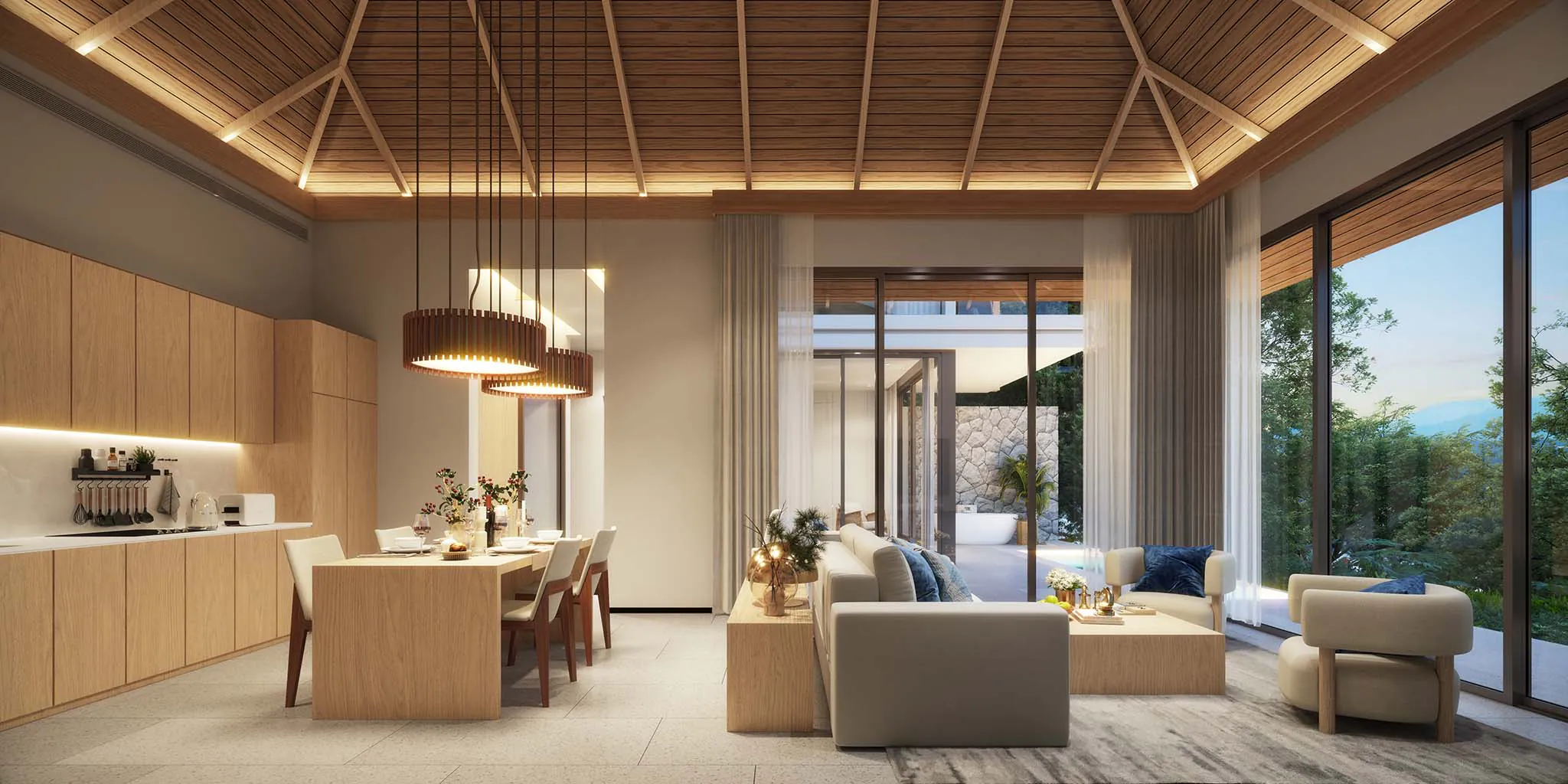 Hillside villa interior: living room render