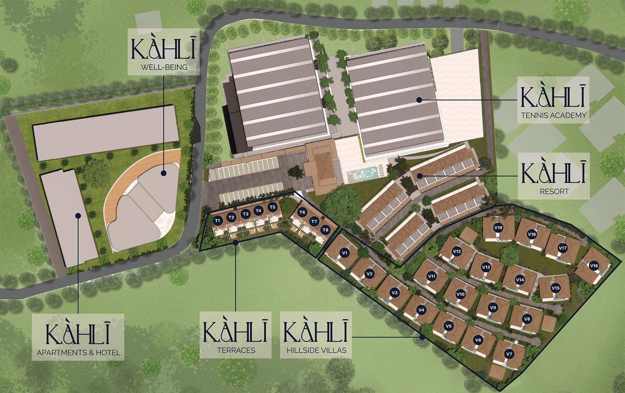 KAHLI Phuket masterplan with plot numbers: 19 hillside villas, 8 terraces, 95 apartments, 44-key boutique resort, six-court tennis academy and lifestyle clinic.